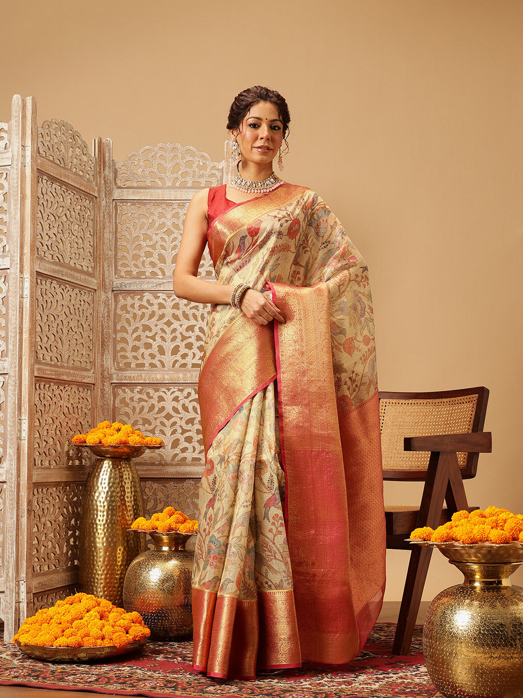 Animal & Floral Digital Printed Muga Silk Saree