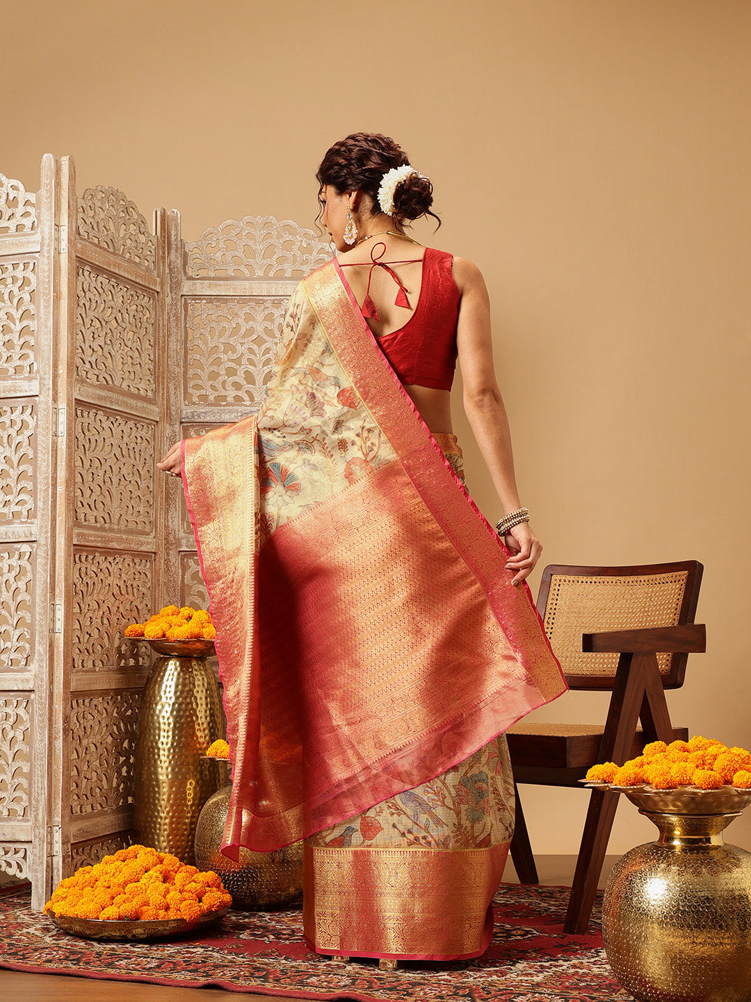 Animal & Floral Digital Printed Muga Silk Saree