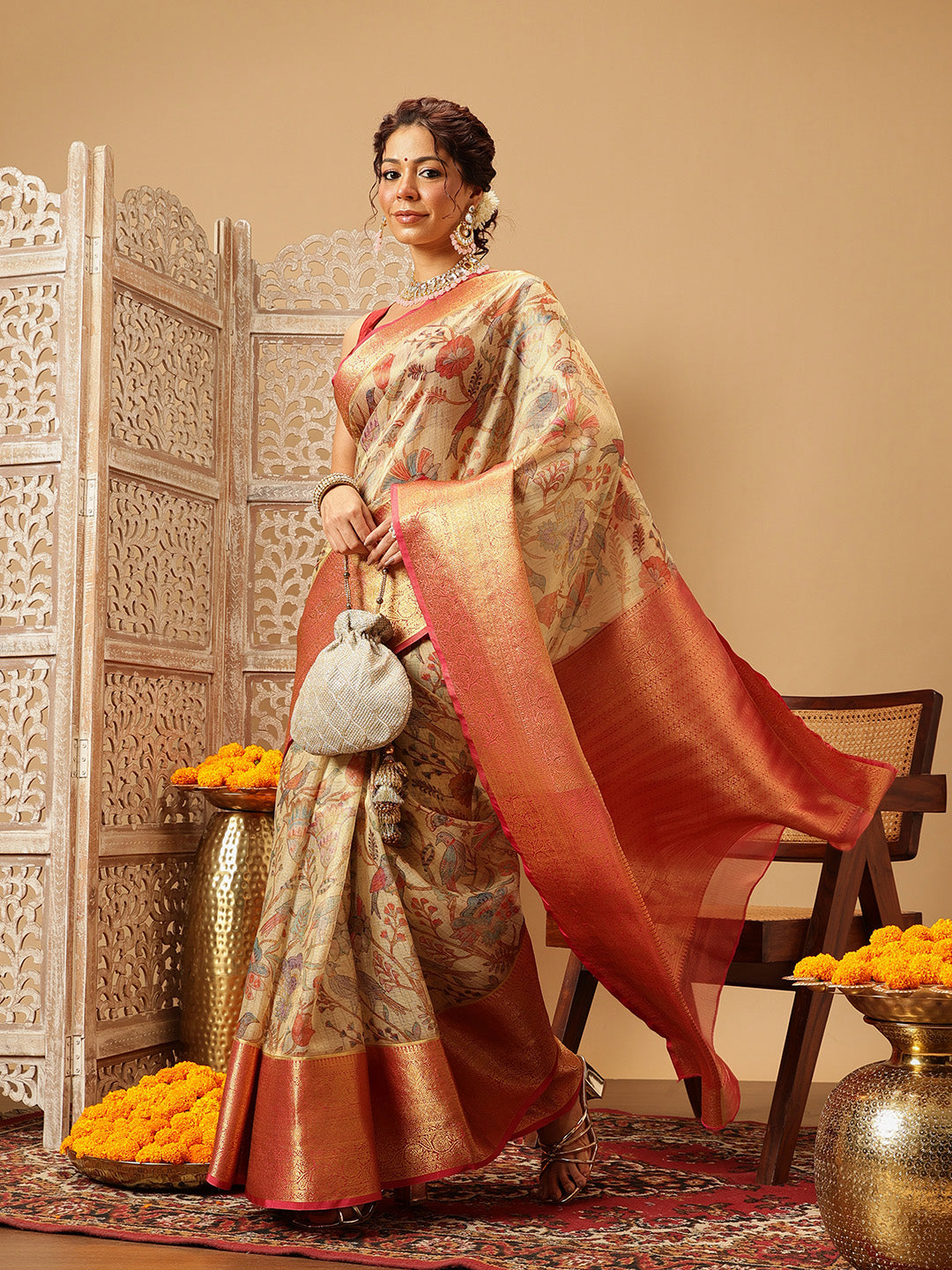 Animal & Floral Digital Printed Muga Silk Saree
