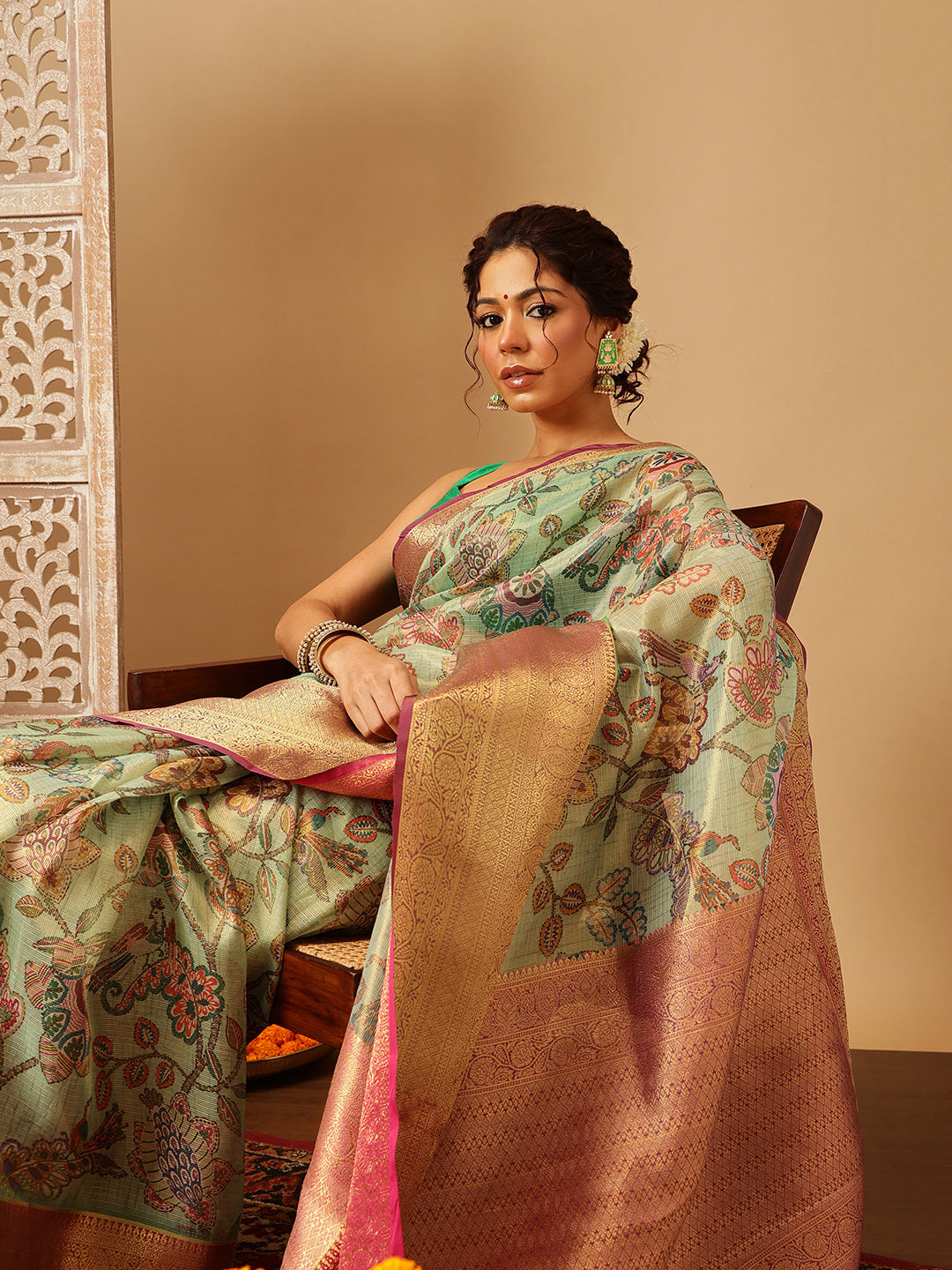 Animal & Floral Digital Printed Muga Silk Saree