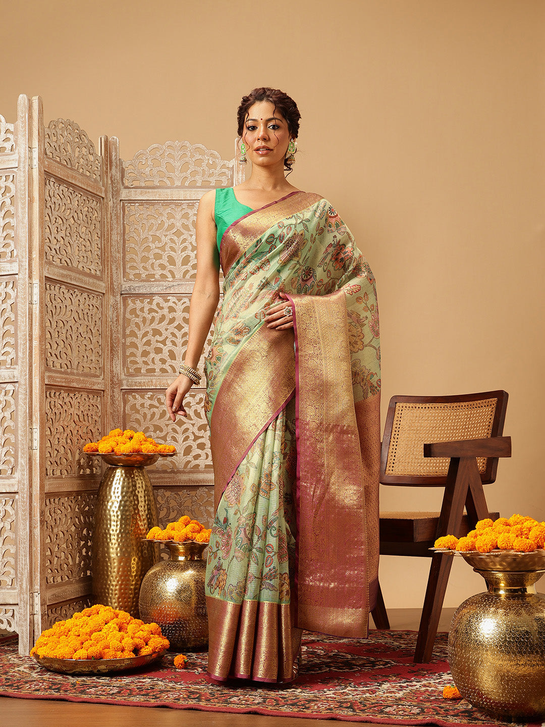 Animal & Floral Digital Printed Muga Silk Saree