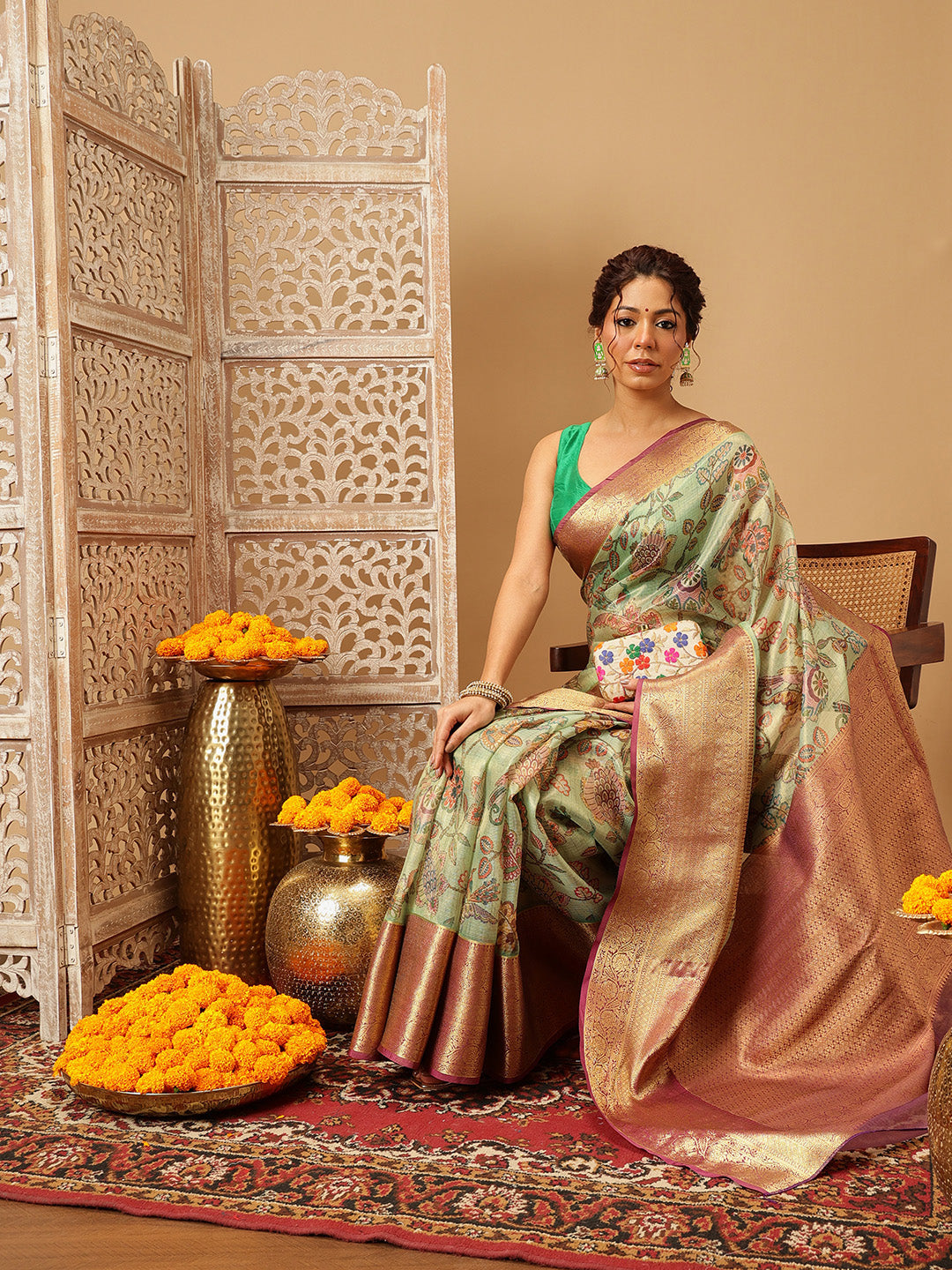 Animal & Floral Digital Printed Muga Silk Saree