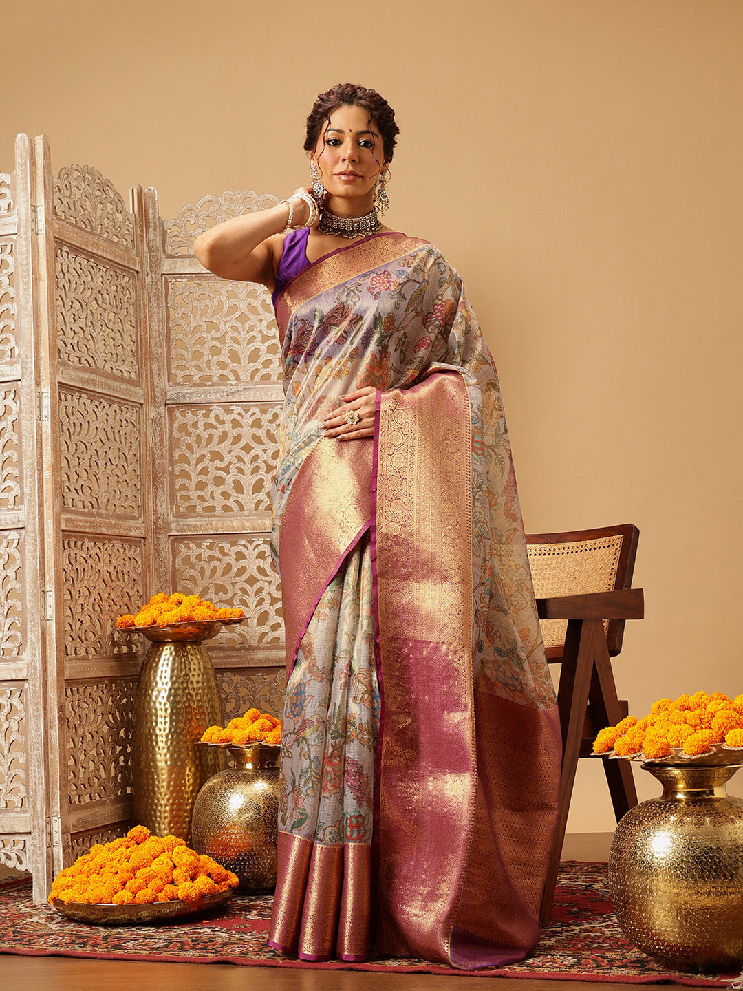 Animal & Floral Digital Printed Muga Silk Saree