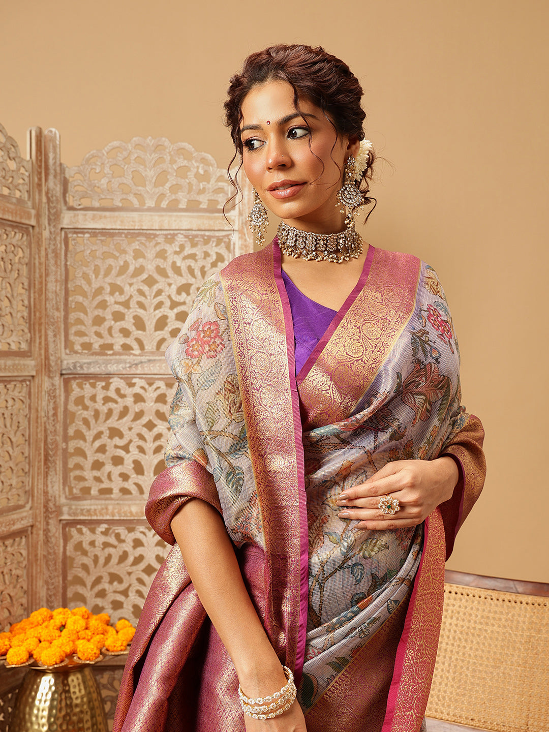 Animal & Floral Digital Printed Muga Silk Saree