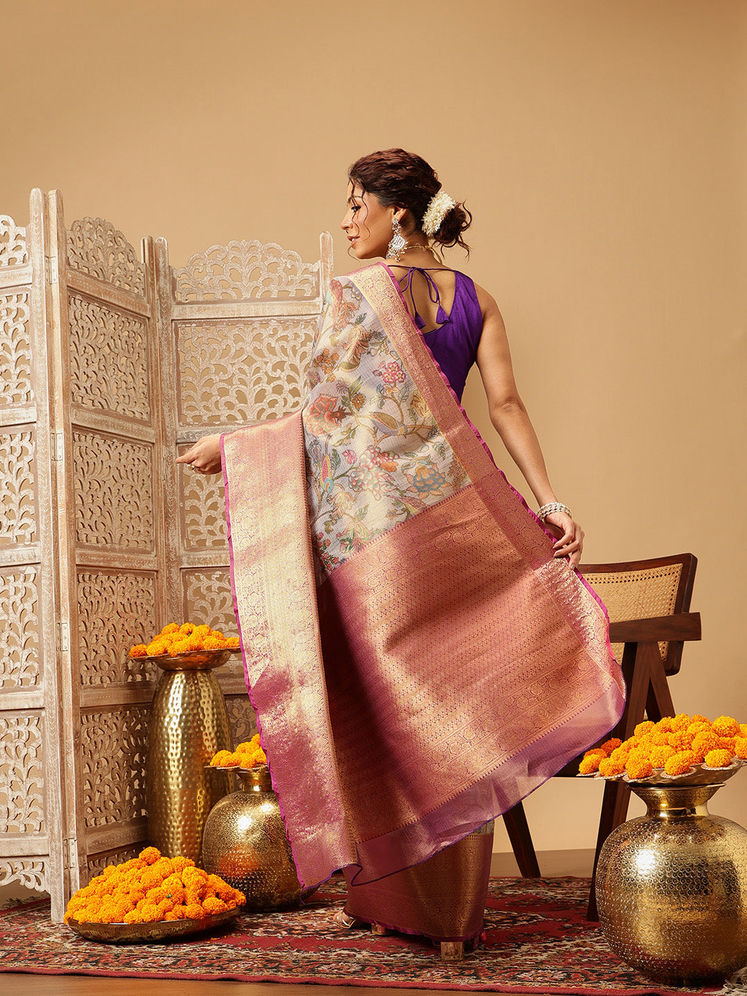 Animal & Floral Digital Printed Muga Silk Saree
