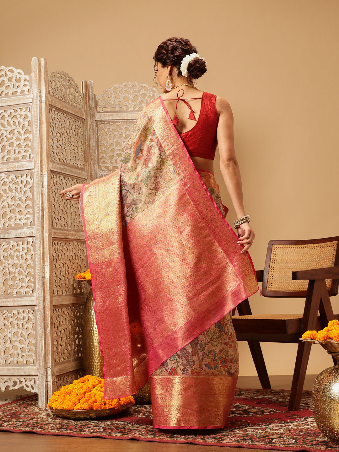 Animal & Floral Digital Printed Muga Silk Saree