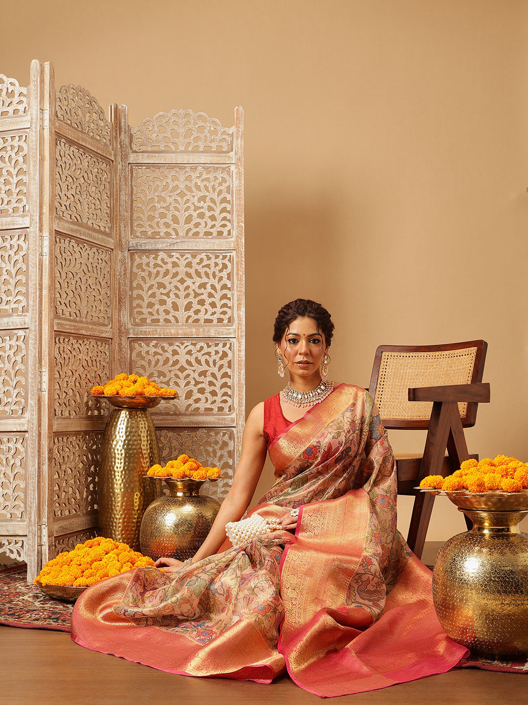 Animal & Floral Digital Printed Muga Silk Saree