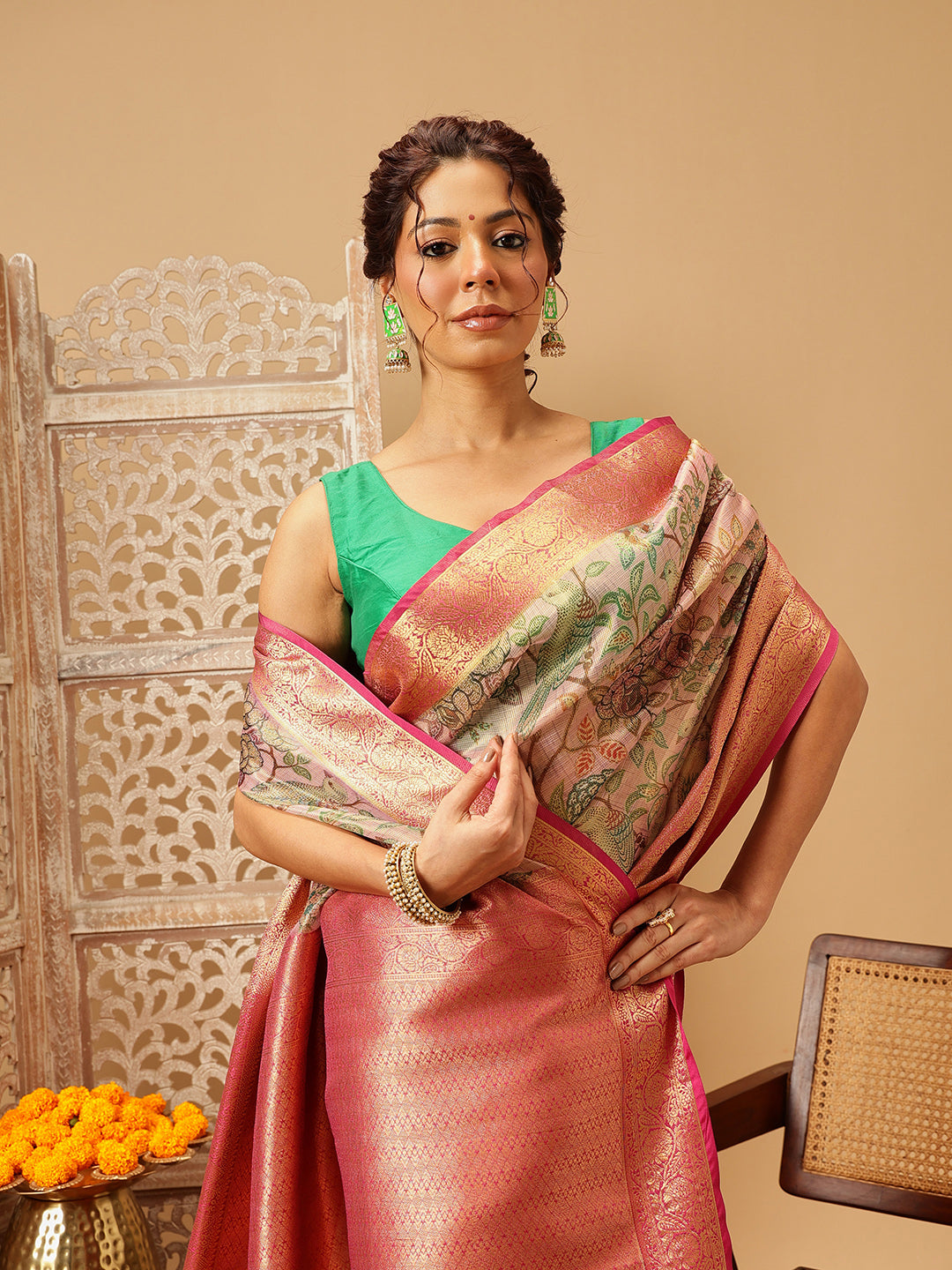 Animal & Floral Digital Printed Muga Silk Saree