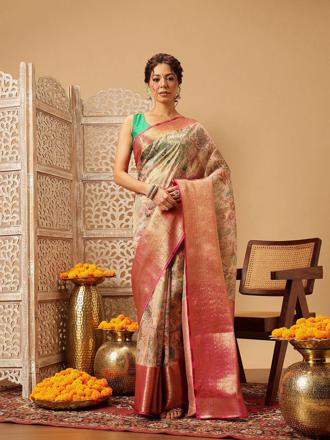 Animal & Floral Digital Printed Muga Silk Saree