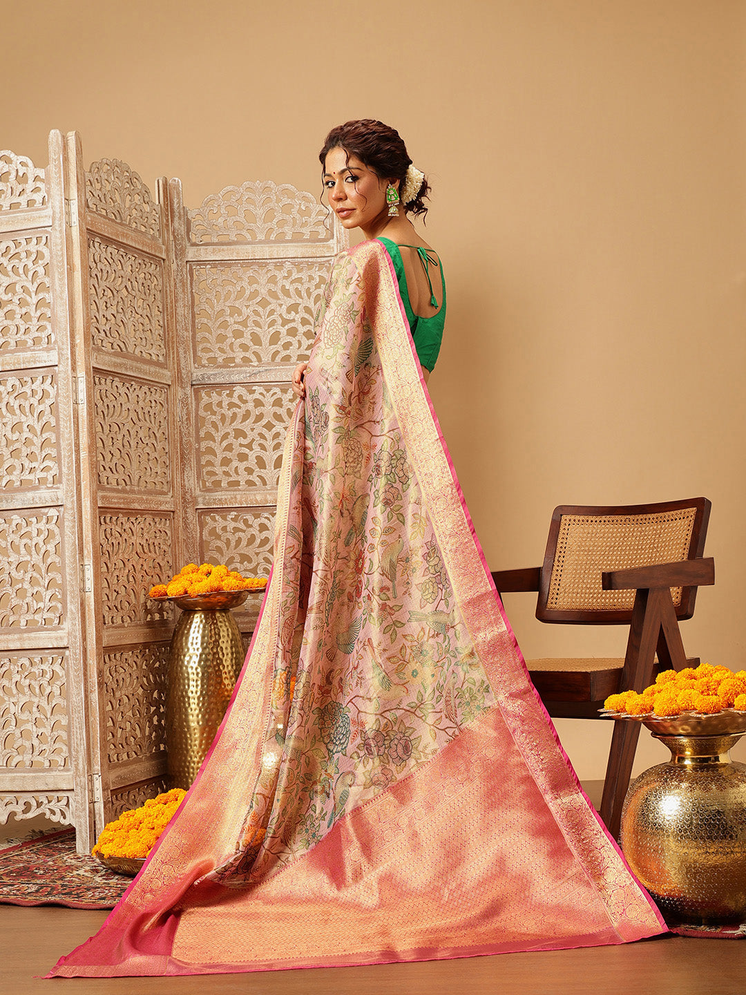 Animal & Floral Digital Printed Muga Silk Saree