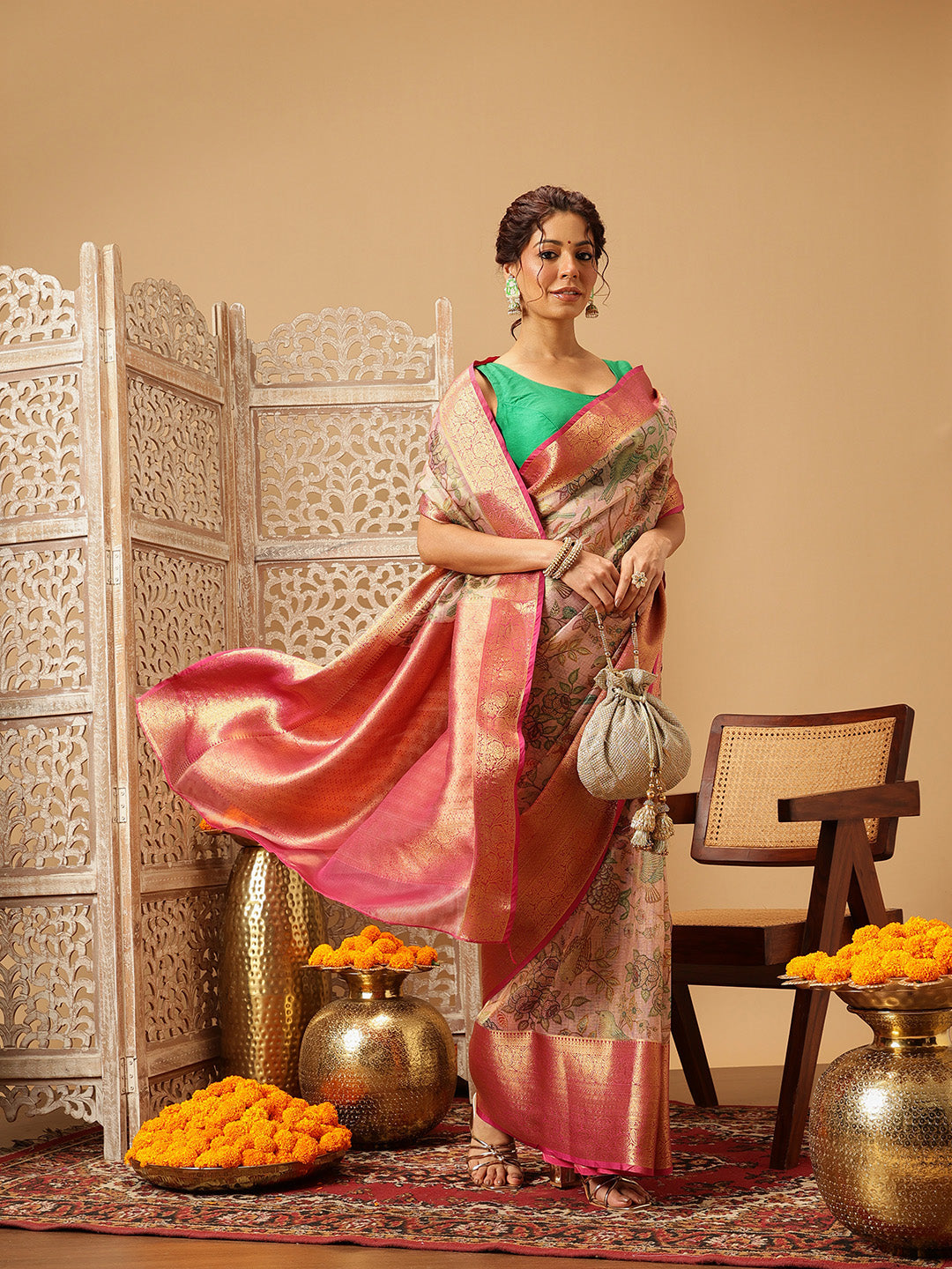 Animal & Floral Digital Printed Muga Silk Saree