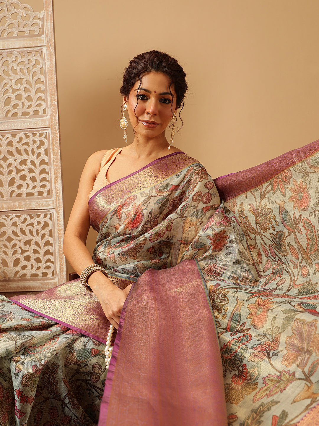 Animal & Floral Digital Printed Muga Silk Saree