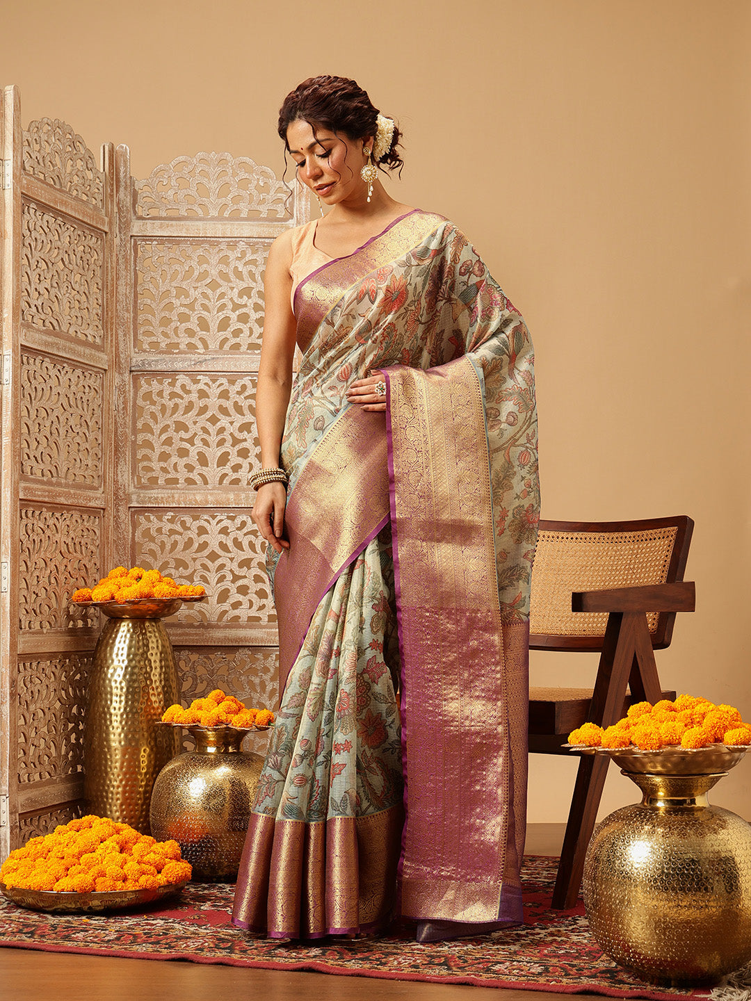 Animal & Floral Digital Printed Muga Silk Saree