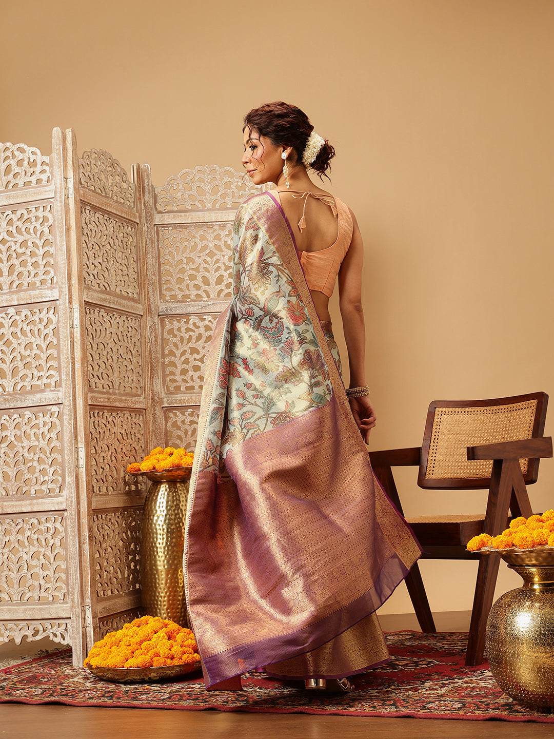 Animal & Floral Digital Printed Muga Silk Saree