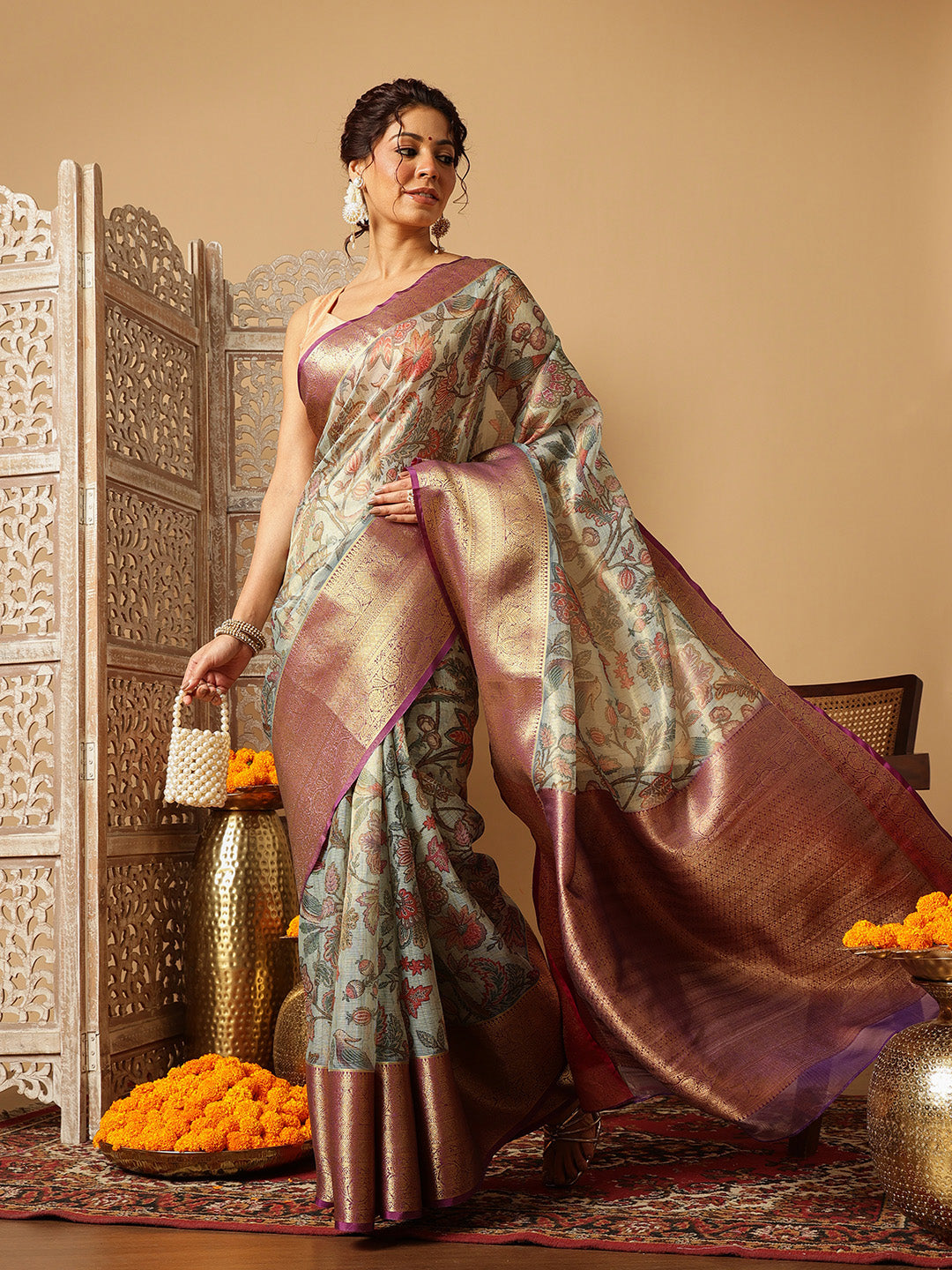 Animal & Floral Digital Printed Muga Silk Saree
