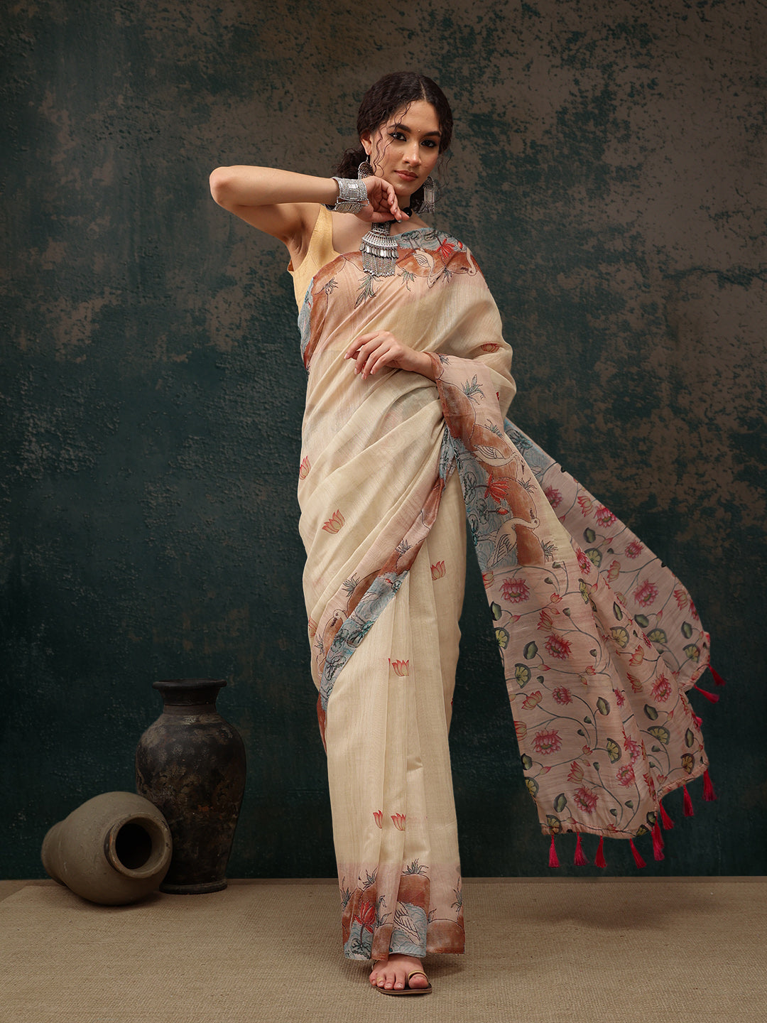 Kalamkari Cotton Blend Printed Saree