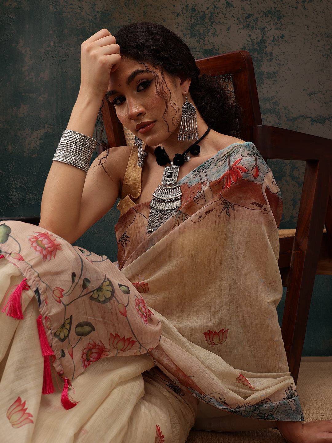Kalamkari Cotton Blend Printed Saree