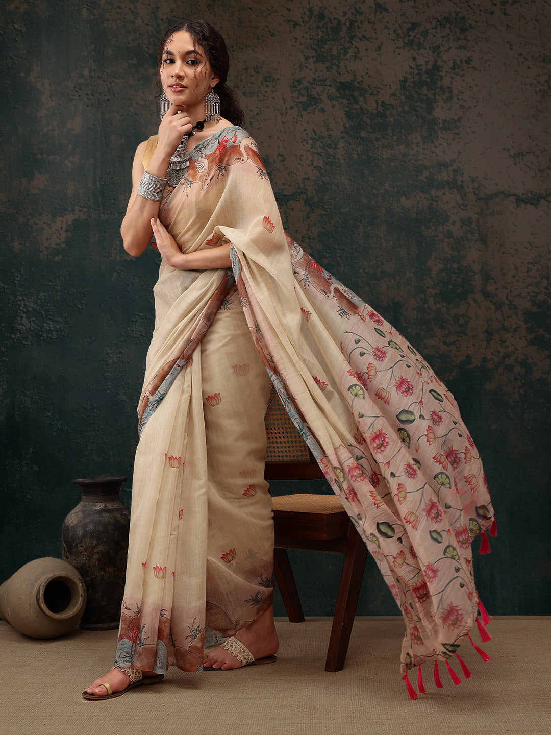 Kalamkari Cotton Blend Printed Saree