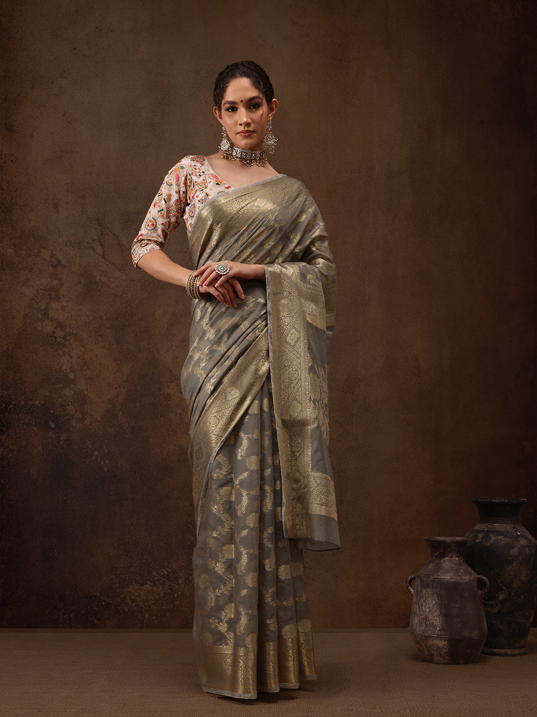 Cotton Blend Floral Woven Saree