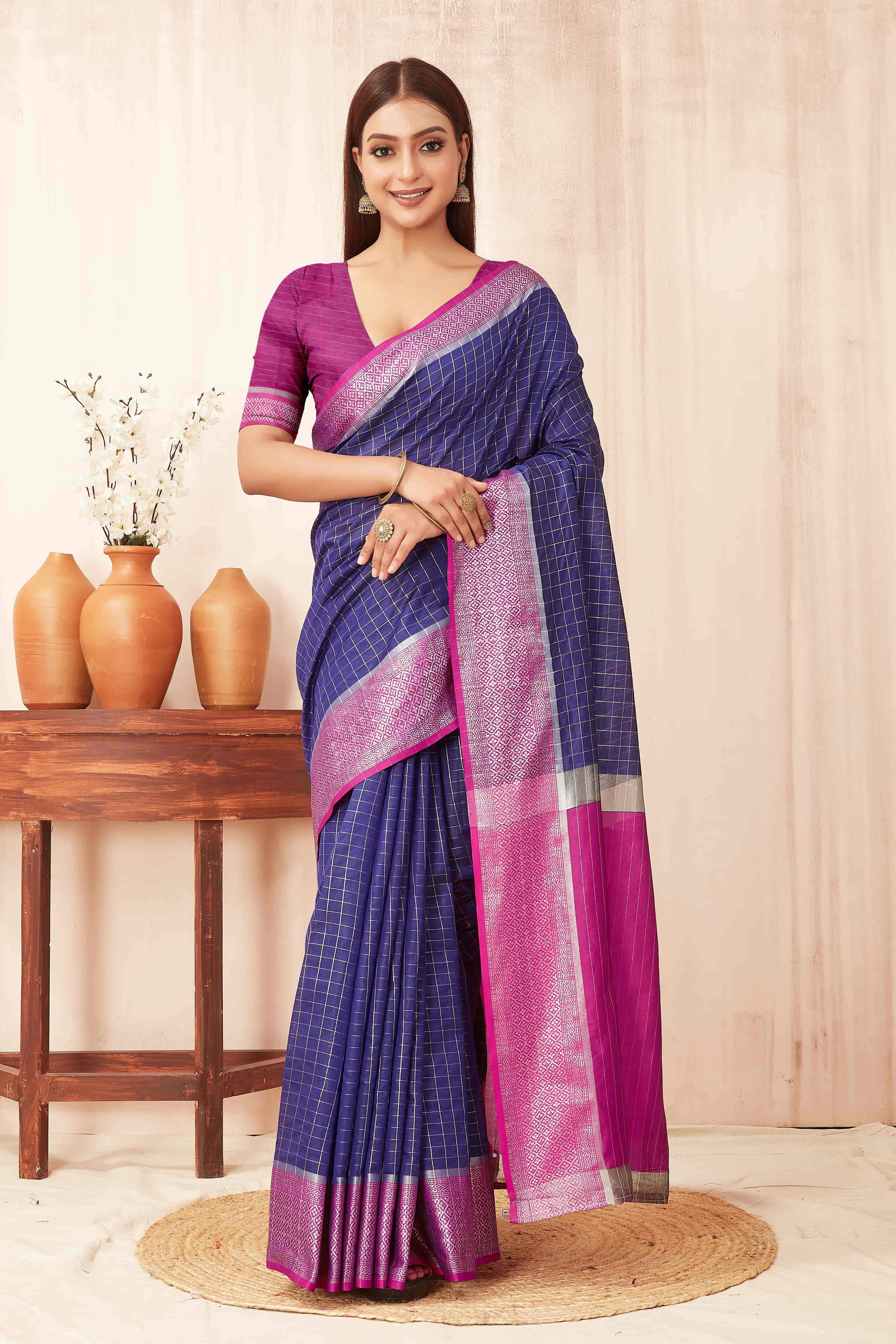 Checked Zari Banarasi Silk Gadwal Saree