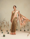 Olive Brown Floral Border Saree with Traditional Art Print Pallu