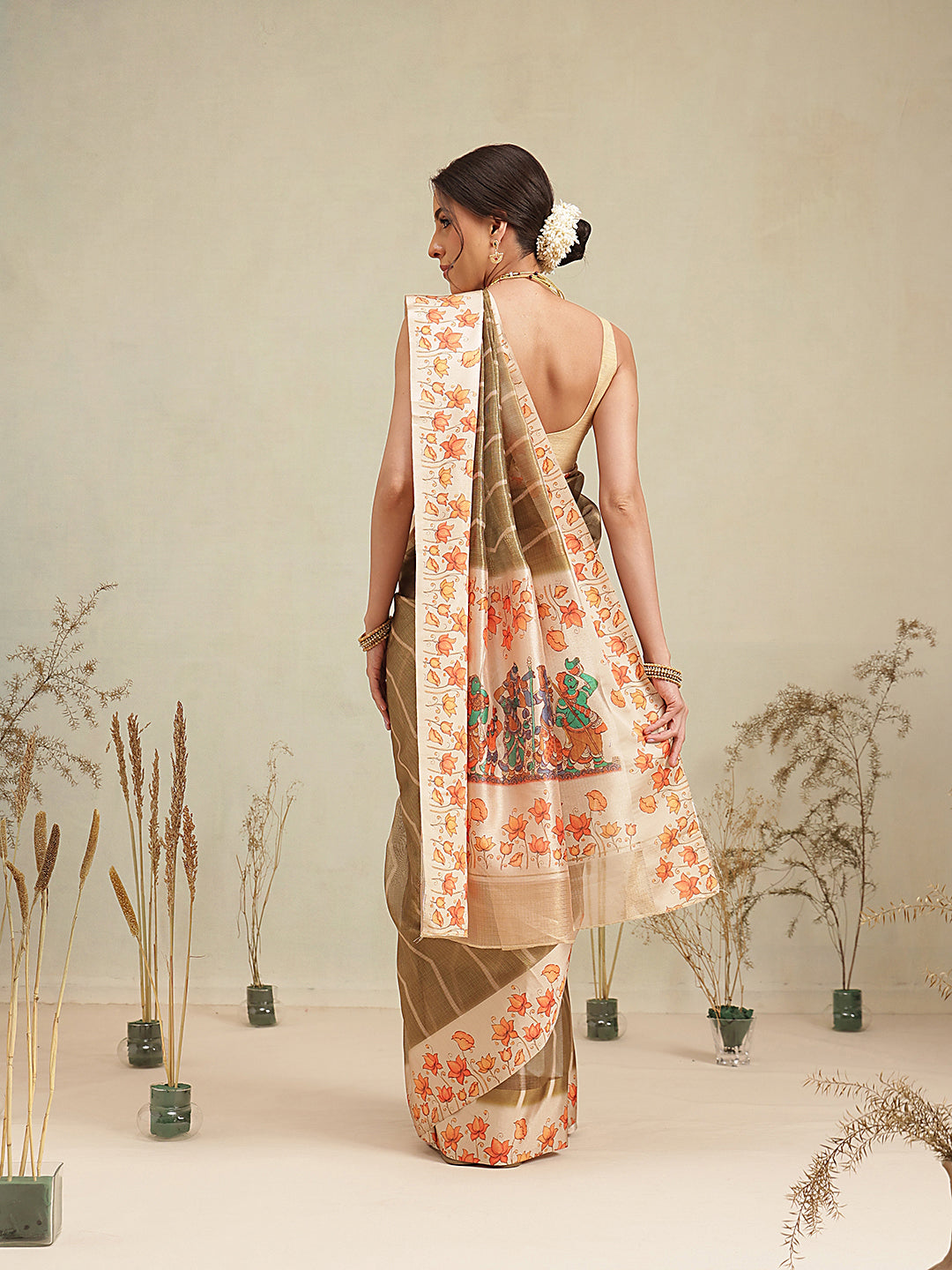 Olive Brown Floral Border Saree with Traditional Art Print Pallu
