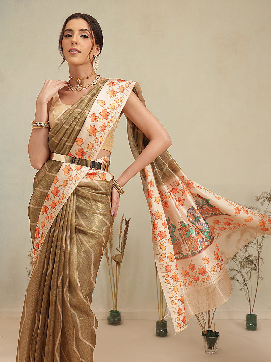 Olive Brown Floral Border Saree with Traditional Art Print Pallu