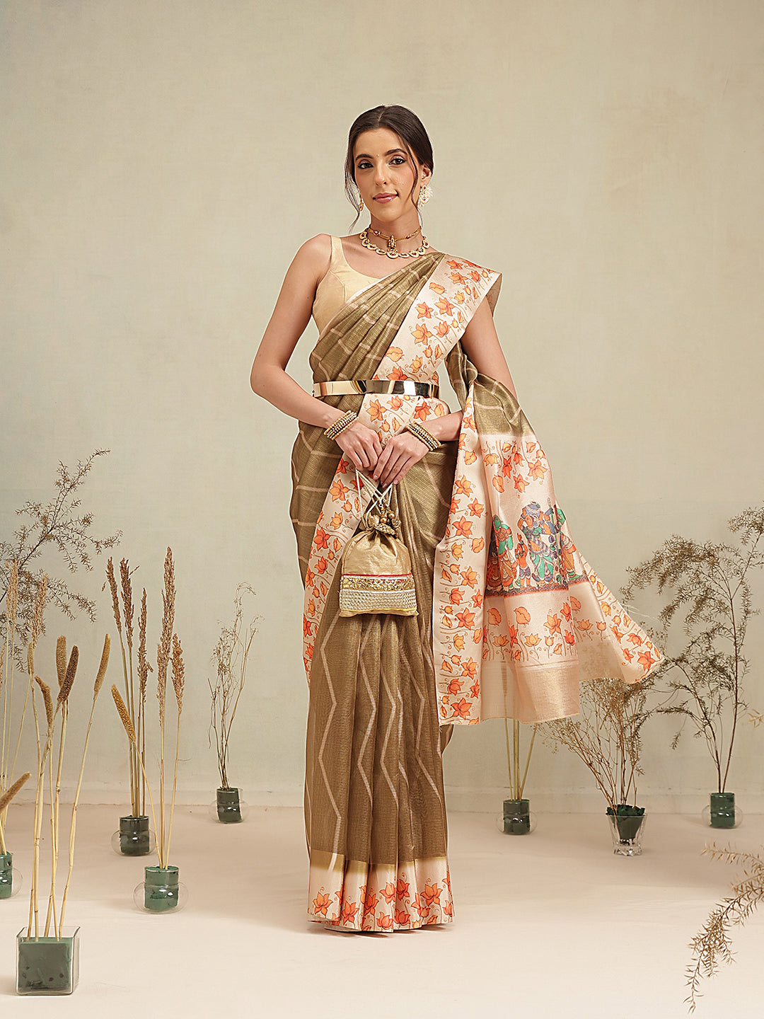 Olive Brown Floral Border Saree with Traditional Art Print Pallu