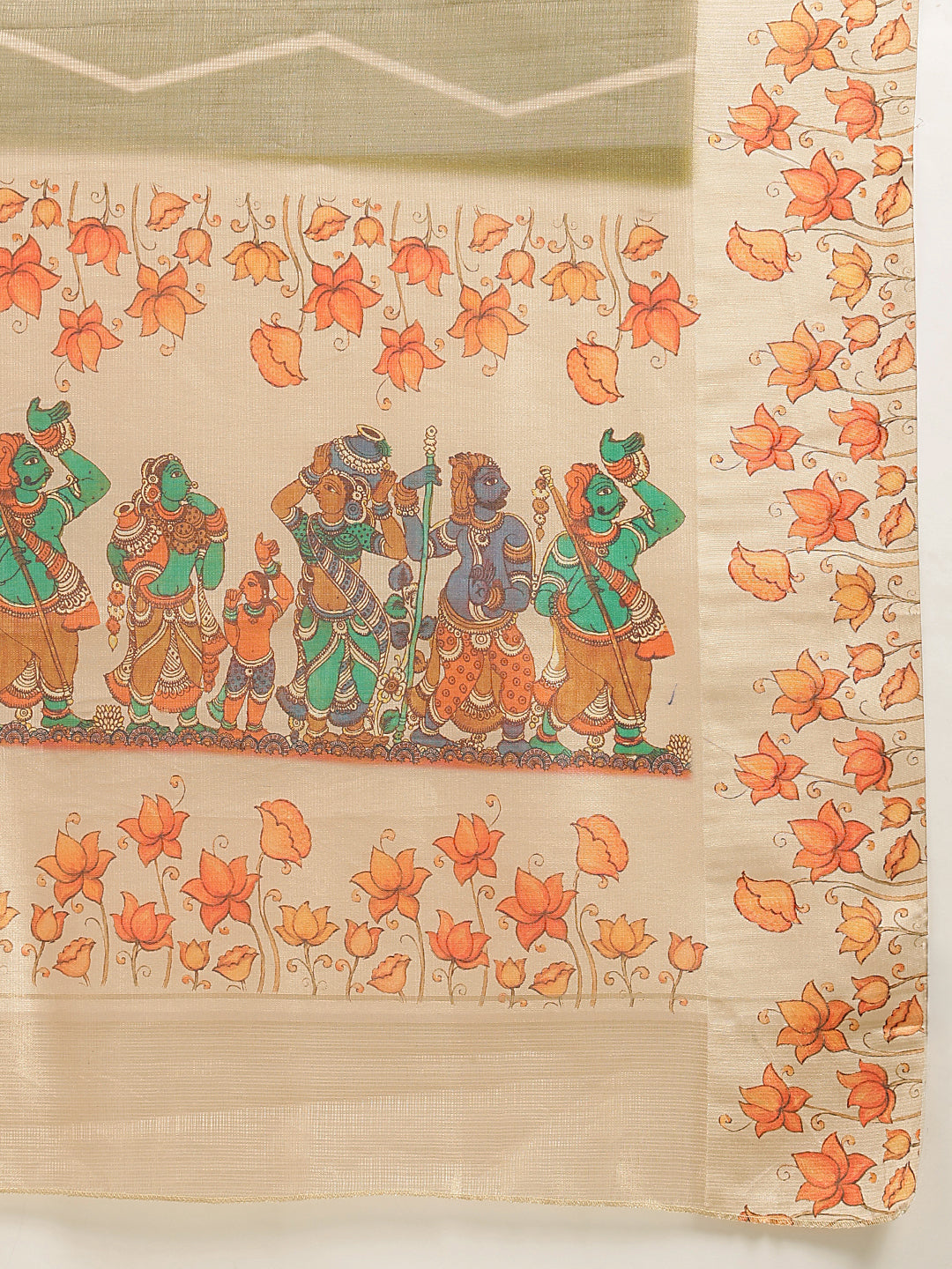 Olive Brown Floral Border Saree with Traditional Art Print Pallu