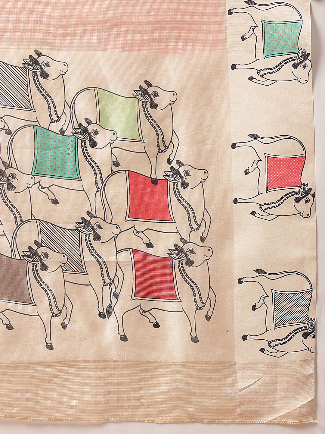 Peach Folk Art Cow Motif Saree with Traditional Printed Pallu