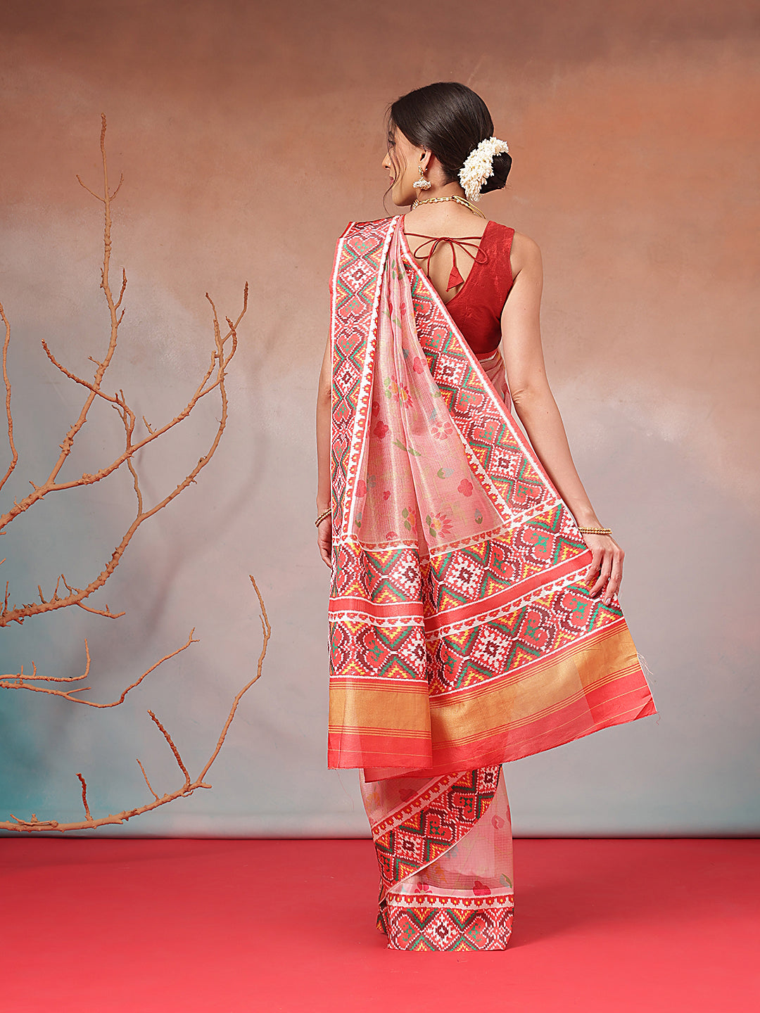 Blush Pink Floral Patola Saree with Traditional Geometric Border & Designer Pallu