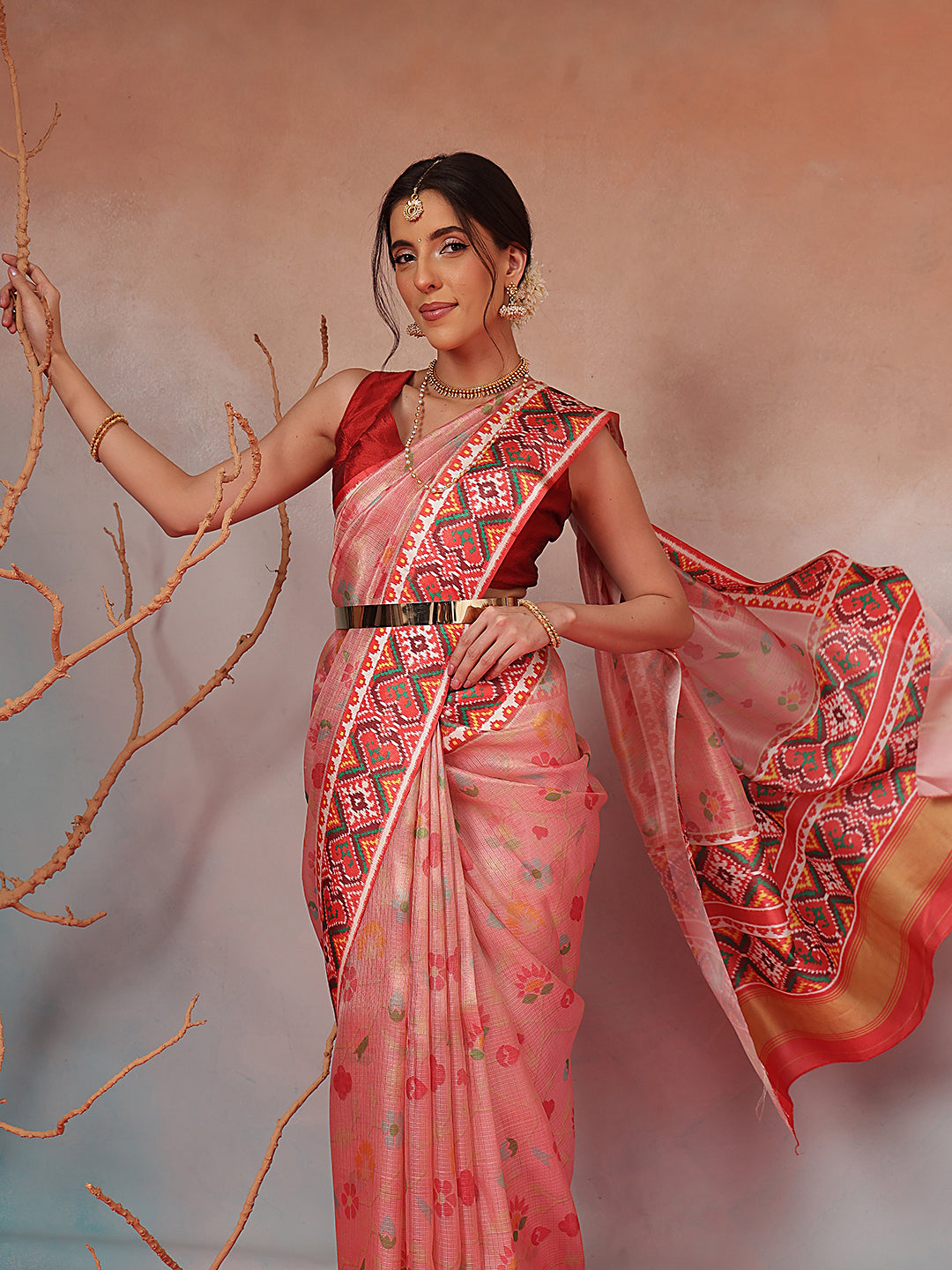 Blush Pink Floral Patola Saree with Traditional Geometric Border & Designer Pallu