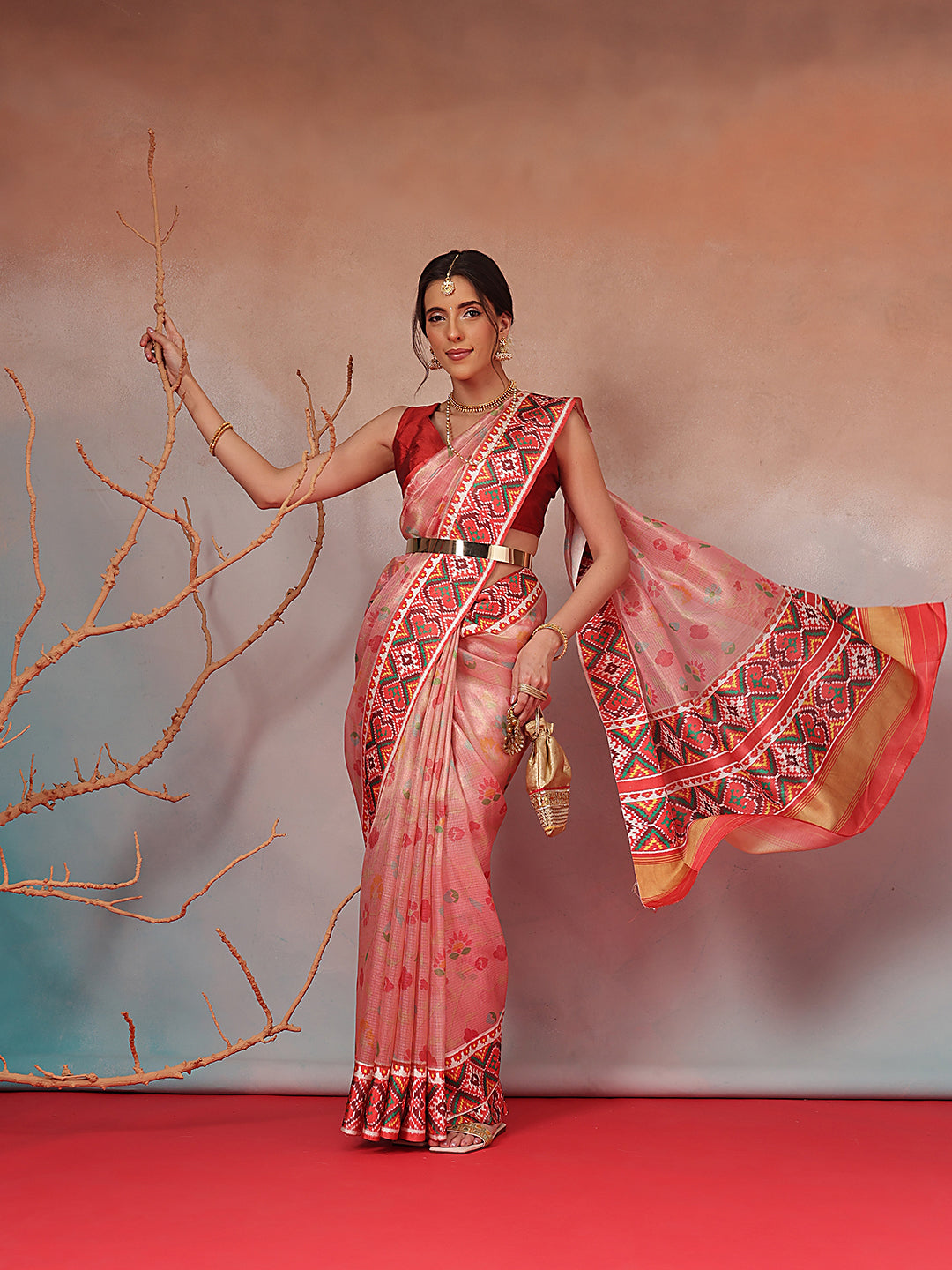 Blush Pink Floral Patola Saree with Traditional Geometric Border & Designer Pallu