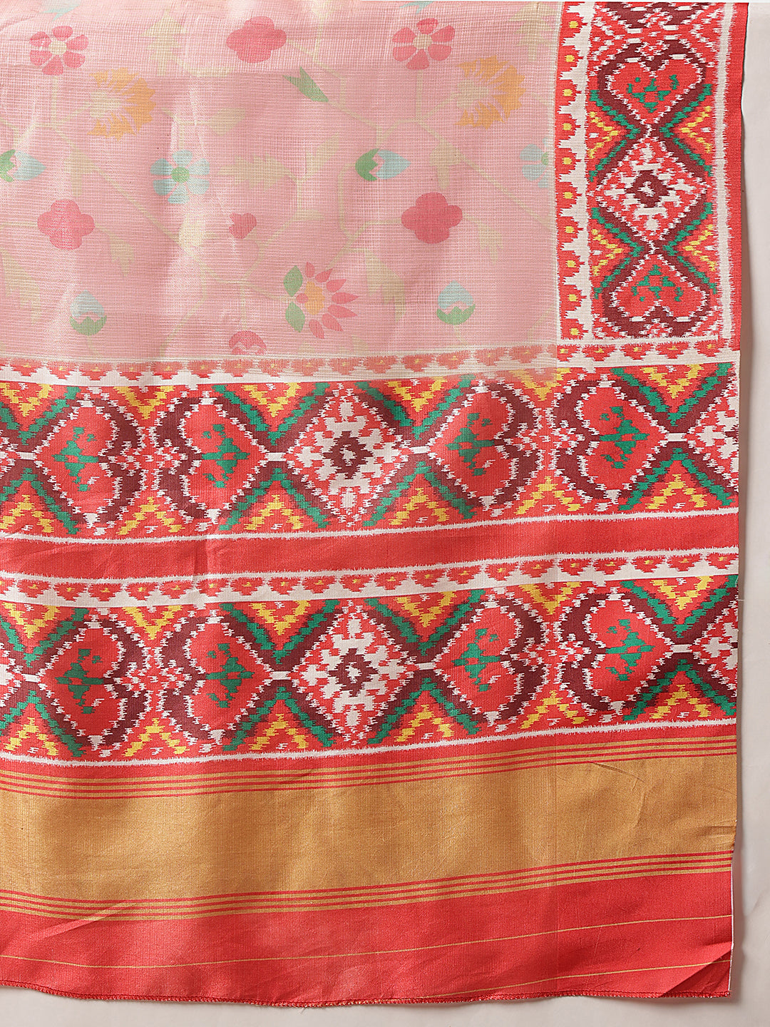 Blush Pink Floral Patola Saree with Traditional Geometric Border & Designer Pallu