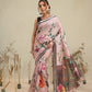 Blush Pink Botanical Floral Print Saree with Striped Designer Pallu