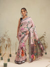 Blush Pink Botanical Floral Print Saree with Striped Designer Pallu