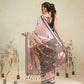 Blush Pink Botanical Floral Print Saree with Striped Designer Pallu