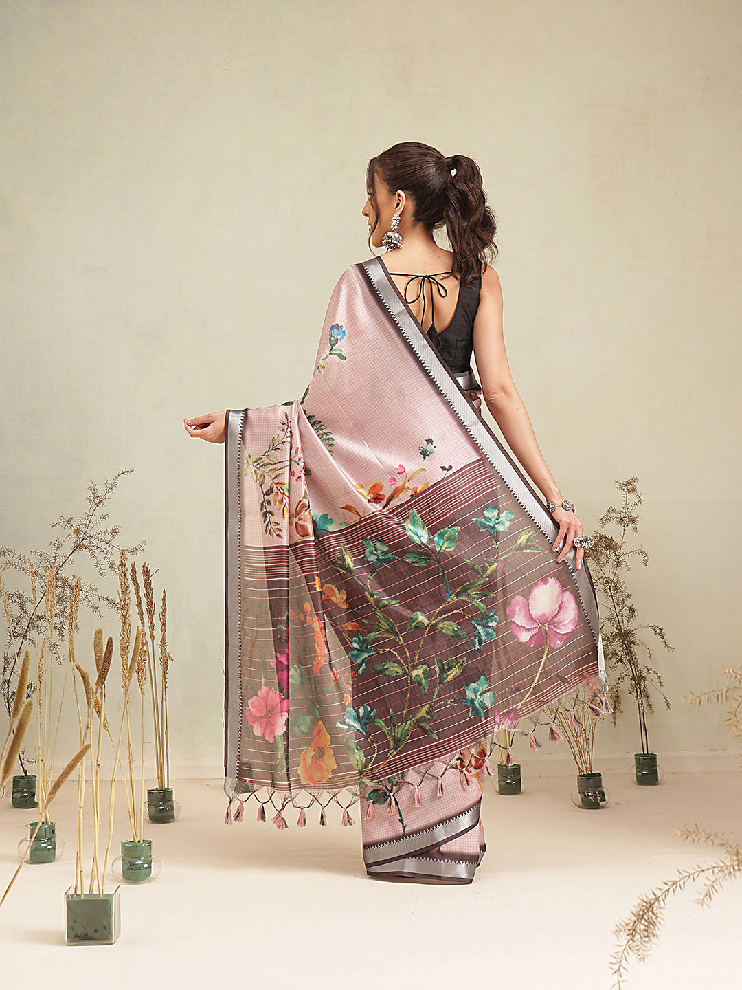 Blush Pink Botanical Floral Print Saree with Striped Designer Pallu