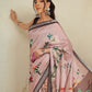 Blush Pink Botanical Floral Print Saree with Striped Designer Pallu