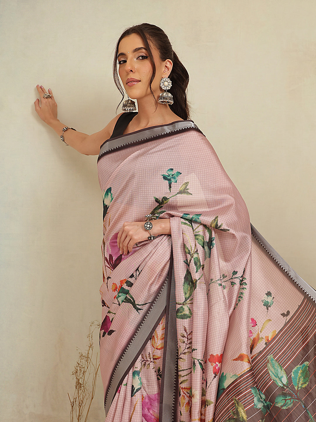 Blush Pink Botanical Floral Print Saree with Striped Designer Pallu