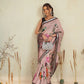 Blush Pink Botanical Floral Print Saree with Striped Designer Pallu