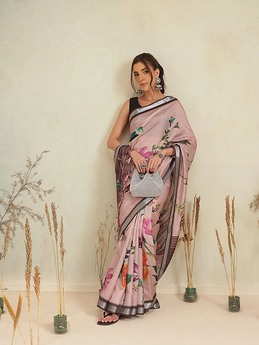 Blush Pink Botanical Floral Print Saree with Striped Designer Pallu