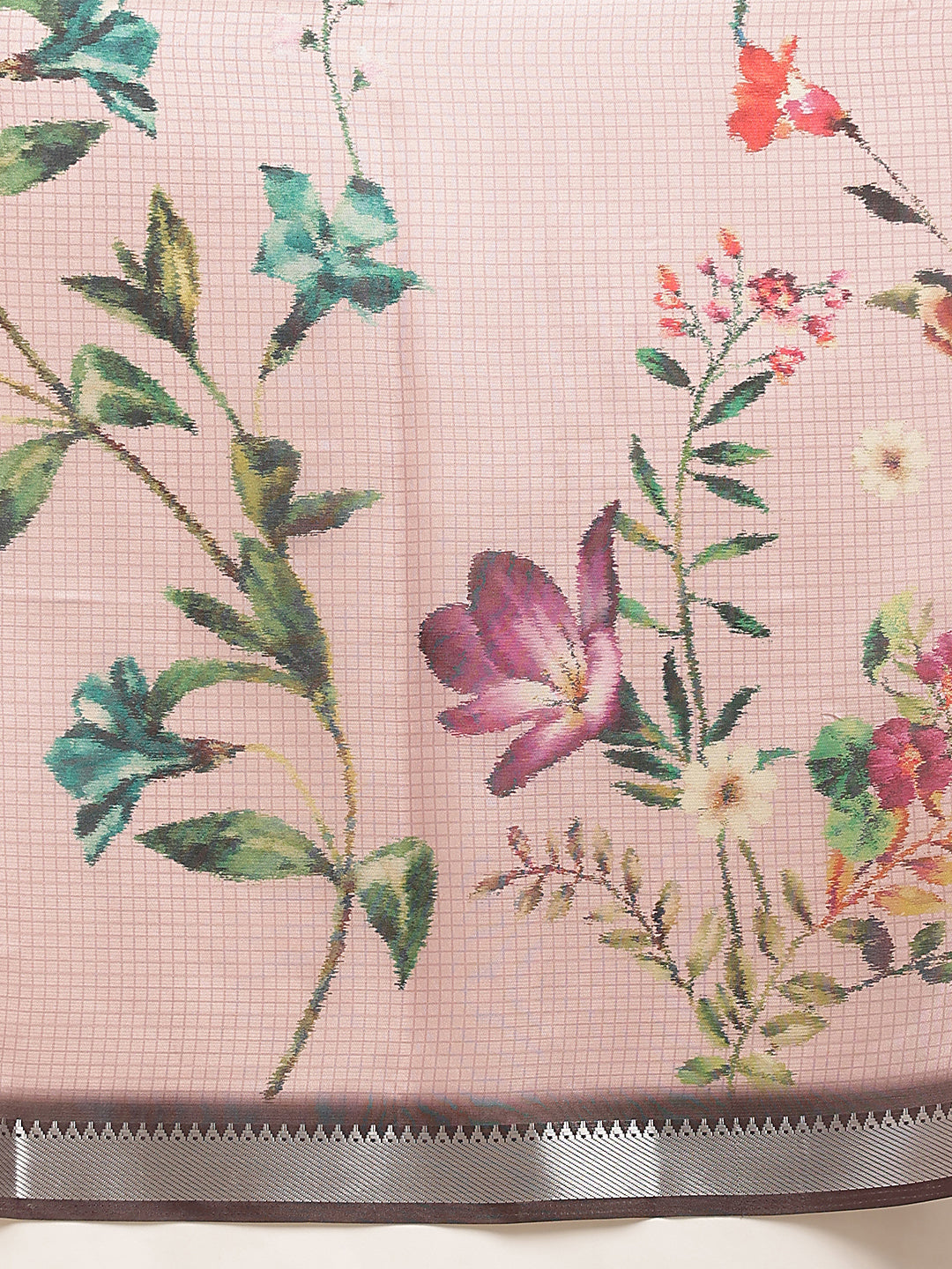 Blush Pink Botanical Floral Print Saree with Striped Designer Pallu