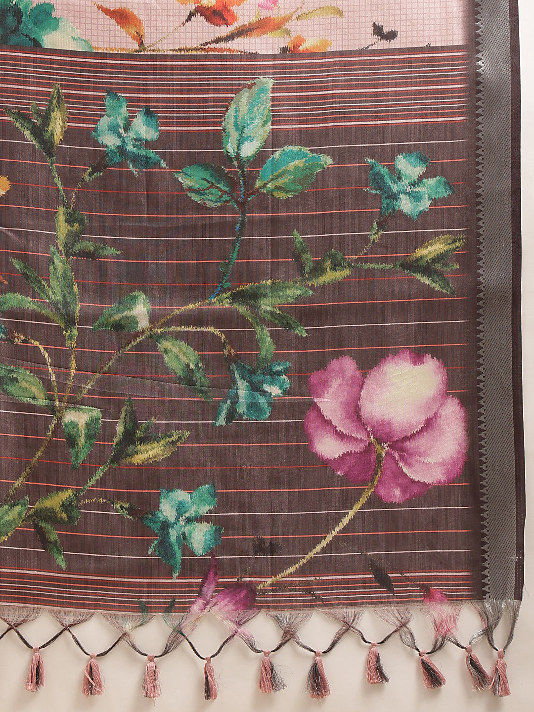 Blush Pink Botanical Floral Print Saree with Striped Designer Pallu