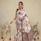 Ivory White Floral Print Saree with Striped Designer Pallu