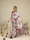 Ivory White Floral Print Saree with Striped Designer Pallu