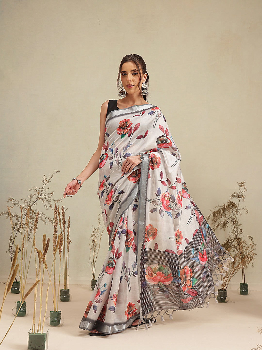 Ivory White Floral Print Saree with Striped Designer Pallu