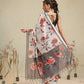 Ivory White Floral Print Saree with Striped Designer Pallu