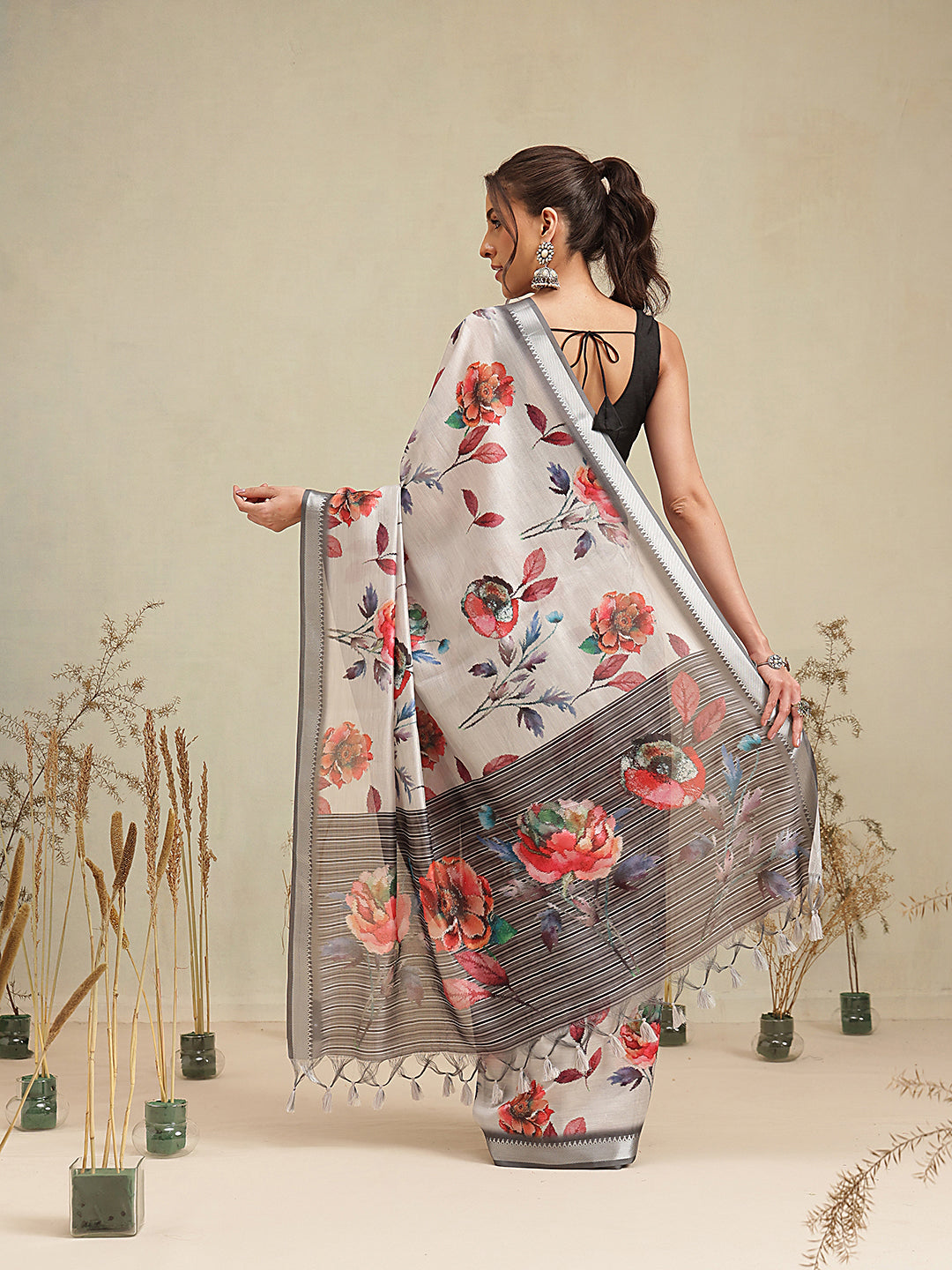 Ivory White Floral Print Saree with Striped Designer Pallu
