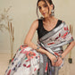 Ivory White Floral Print Saree with Striped Designer Pallu
